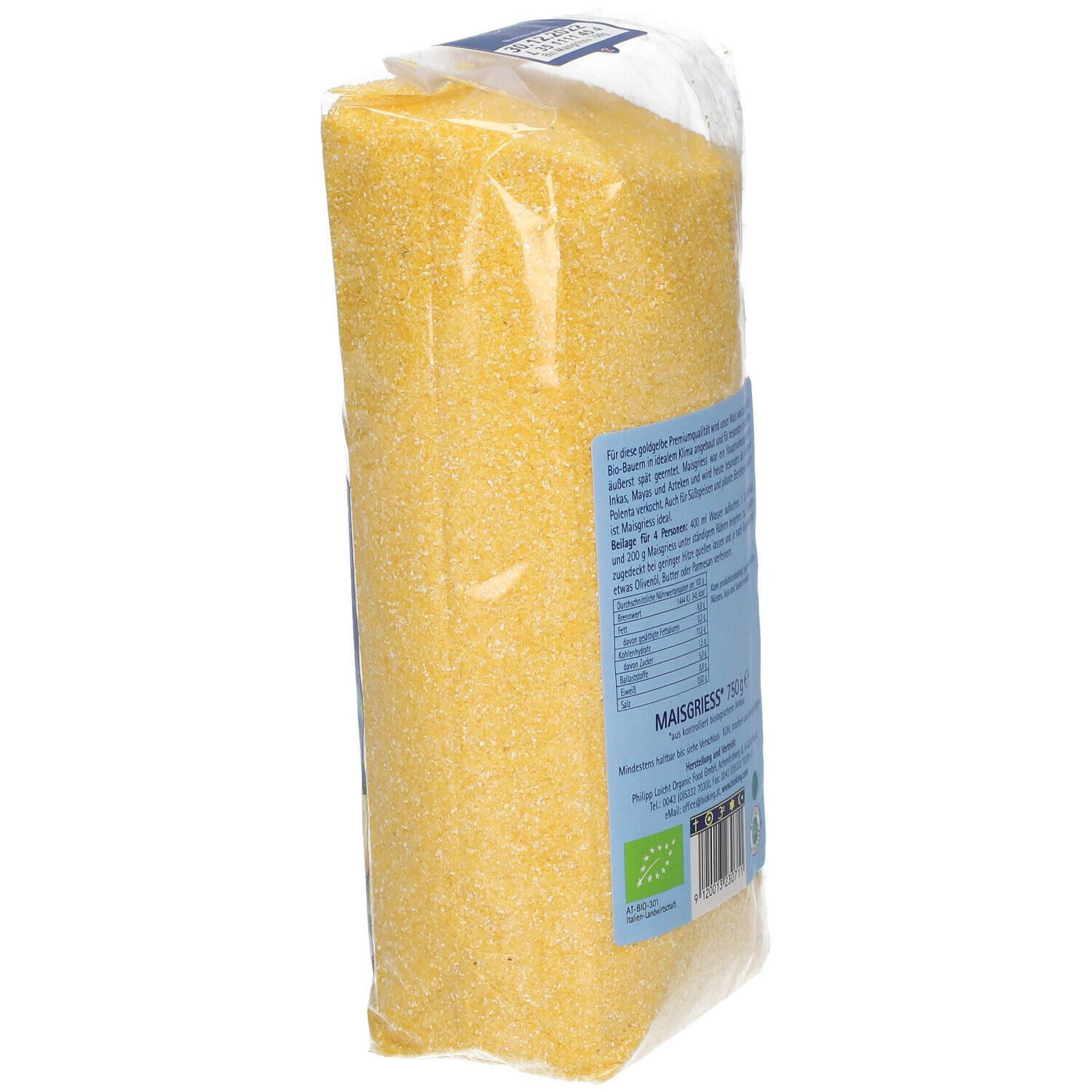 Rückansicht der transparenten Verpackung von BIO KING® Polenta MAISGRIESS. Text und Nährwertangaben.
