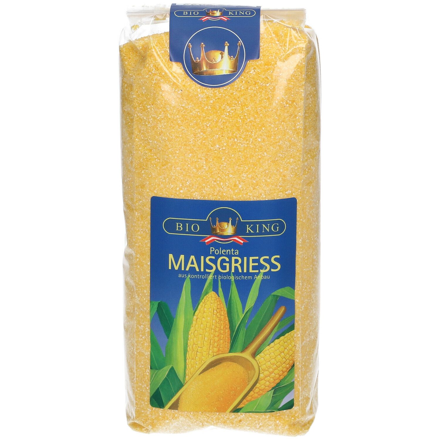 BIO KING® Polenta MAISGRIESS in transparenter Verpackung. Vorderansicht mit Produktbezeichnung und Mais-Illustration.