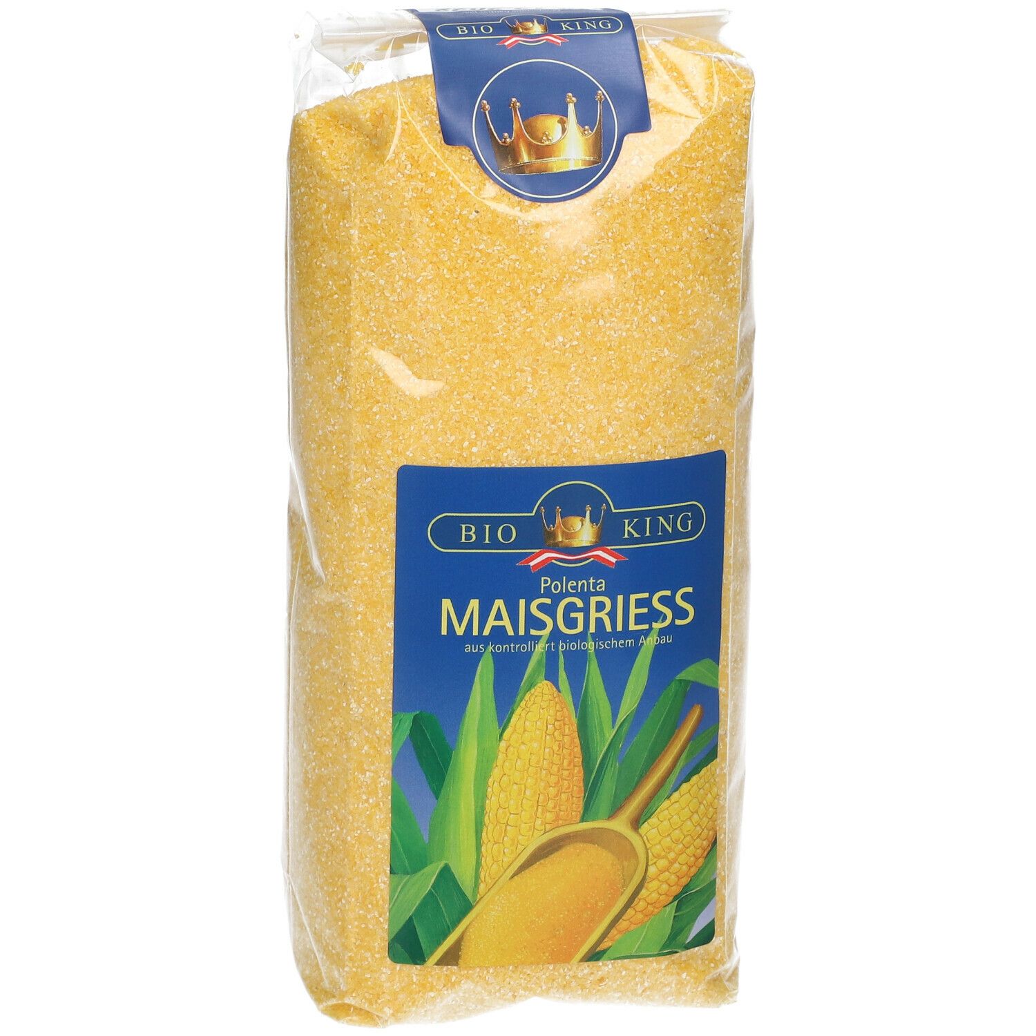 BIO KING® Polenta MAISGRIESS in transparenter Verpackung. Vorderansicht mit Produktbezeichnung und Mais-Illustration.