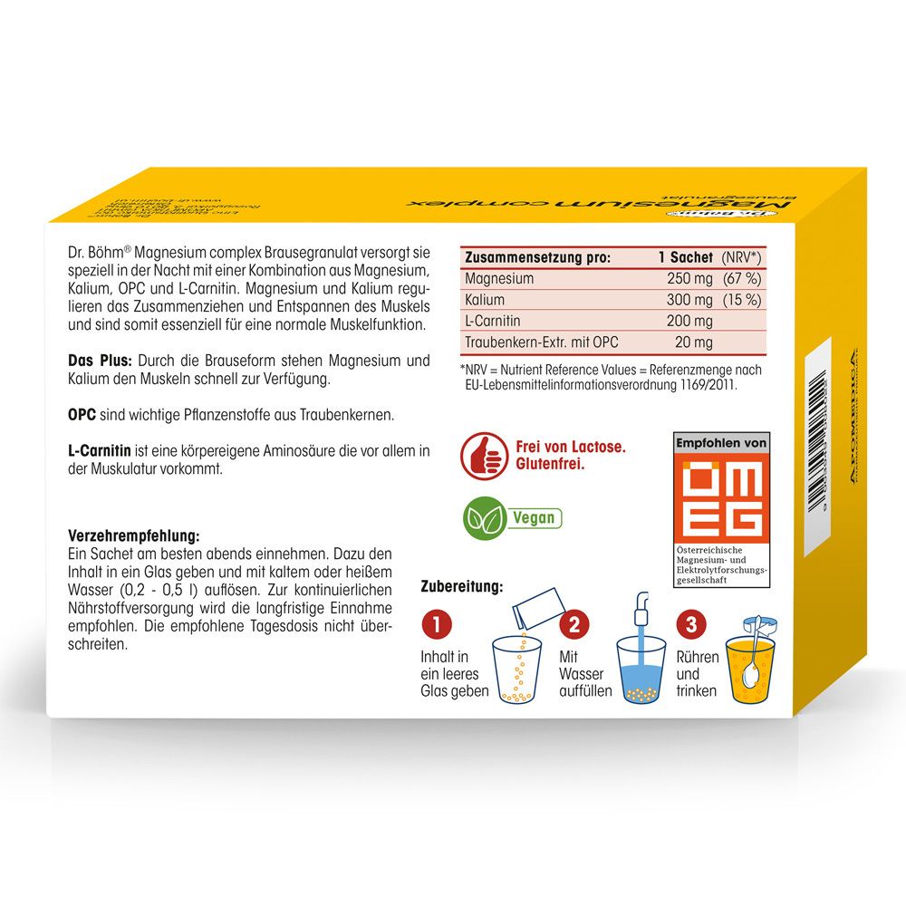 Rückseite der Verpackung Dr. Böhm® Magnesium complex. Enthält Inhaltsstoffe, Zubereitung und Nährwertangaben.