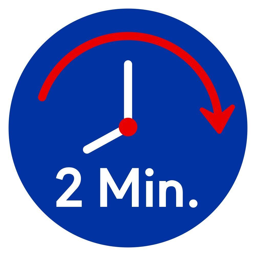 Blauer Kreis mit weißer Uhr und rotem Pfeil. Text: 2 Min.