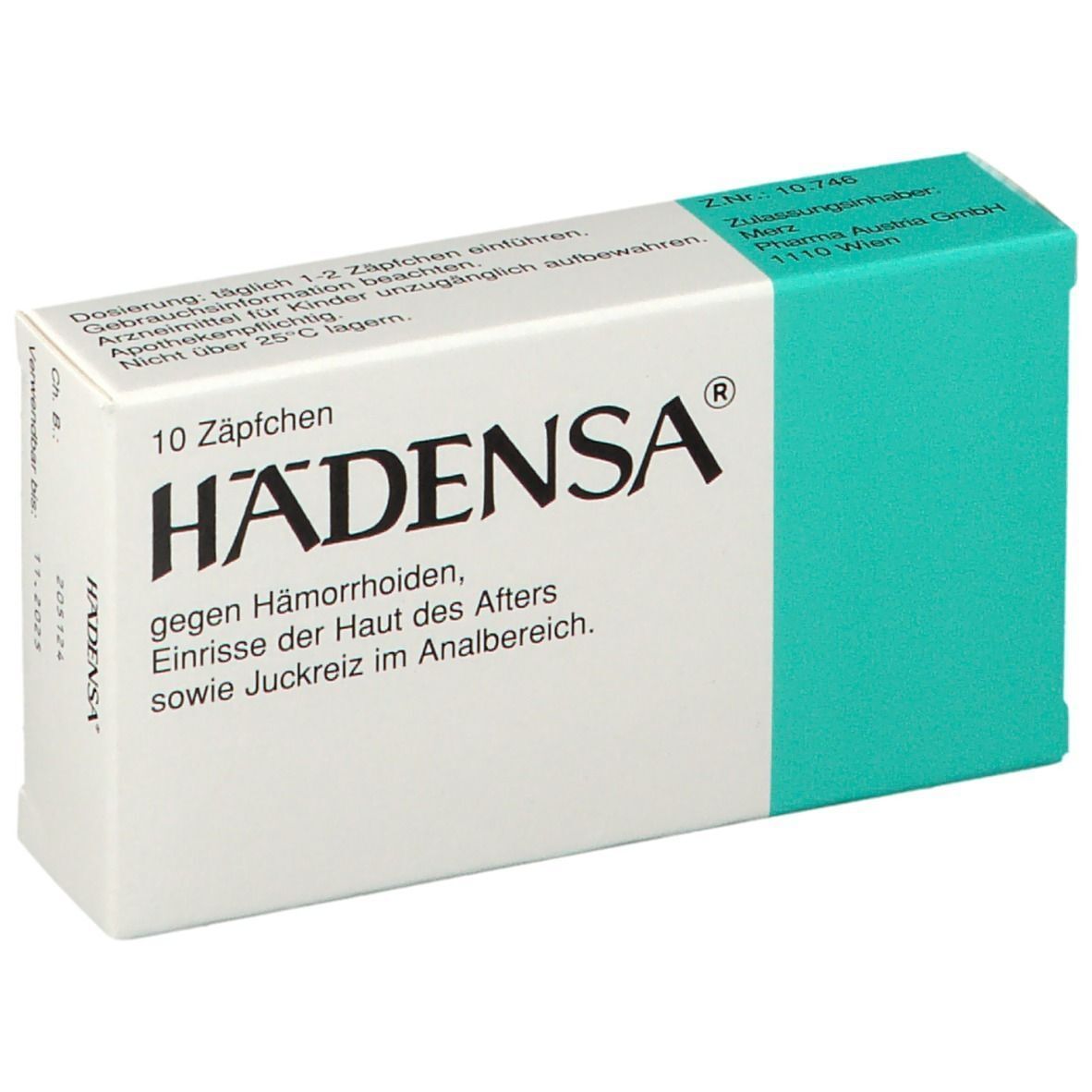Weiße Schachtel mit "HÄDENSA"-Schriftzug. Enthält 10 Zäpfchen. Text: gegen Hämorrhoiden, Einrisse der Haut, Juckreiz.