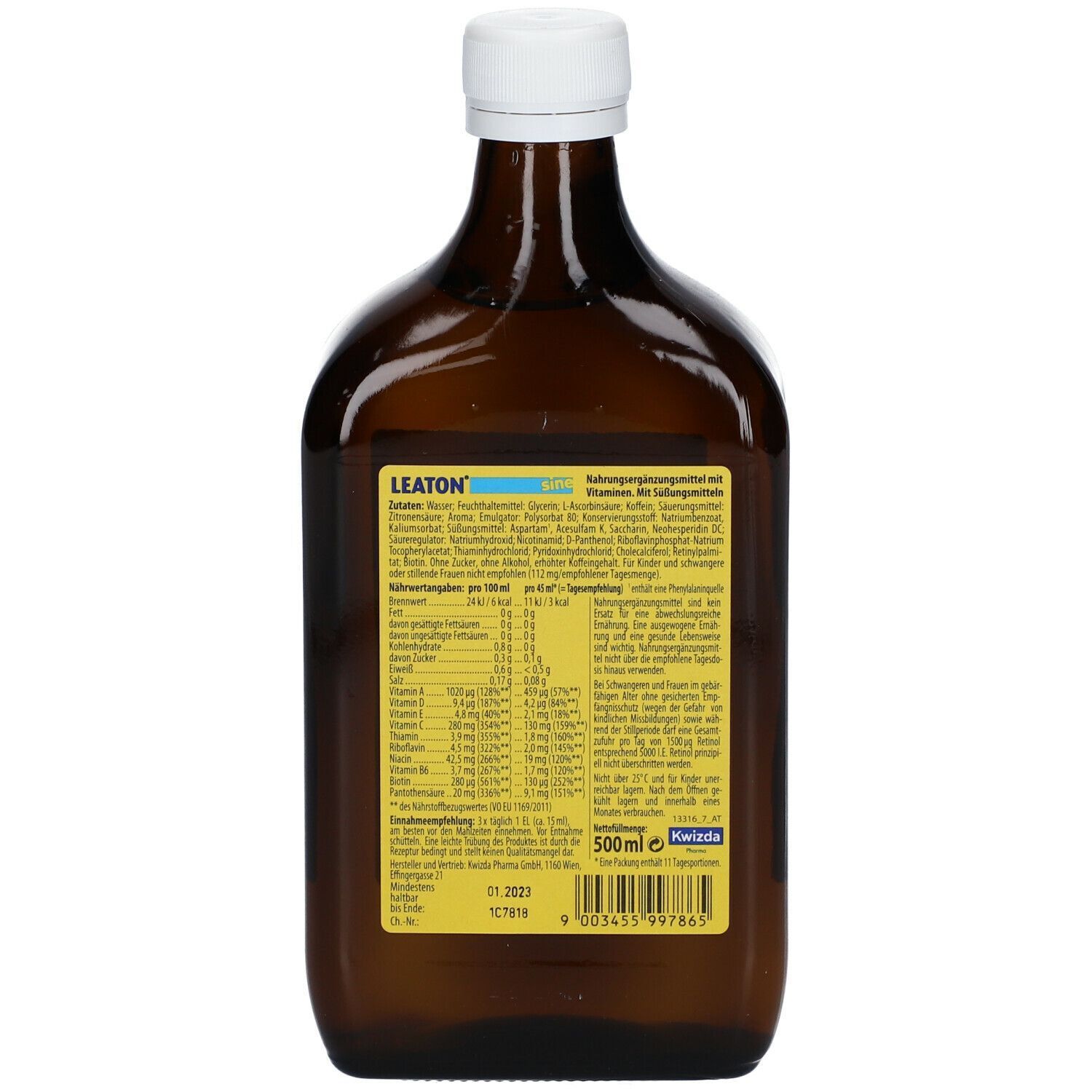 Braune Glasflasche mit gelbem Etikett. Rückseite mit Nährwertangaben und Inhaltsstoffen. Aufschrift LEATON sine und 500ml.