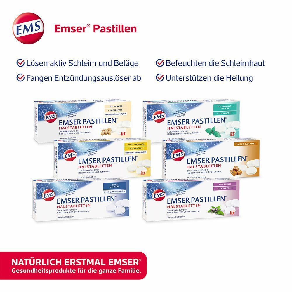 Mehrere Schachteln EMSER Pastillen in verschiedenen Geschmacksrichtungen. Text: "NATÜRLICH ERSTMAL EMSER. Gesundheitsprodukte für die ganze Familie."