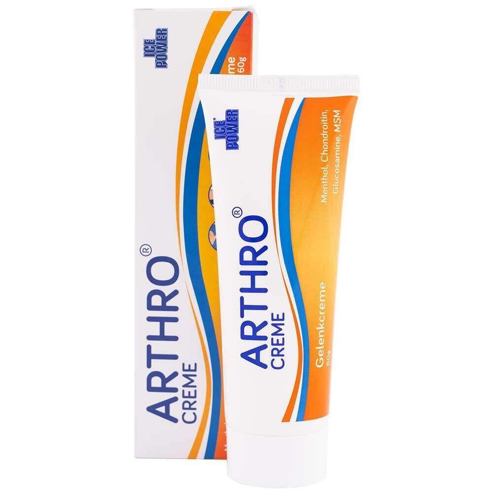 Creme-Tube und Schachtel. Aufschrift ARTHRO CREME. Orangefarbene und blaue Akzente. Enthält Menthol, Chondroitin, Glucosamin, MSM.