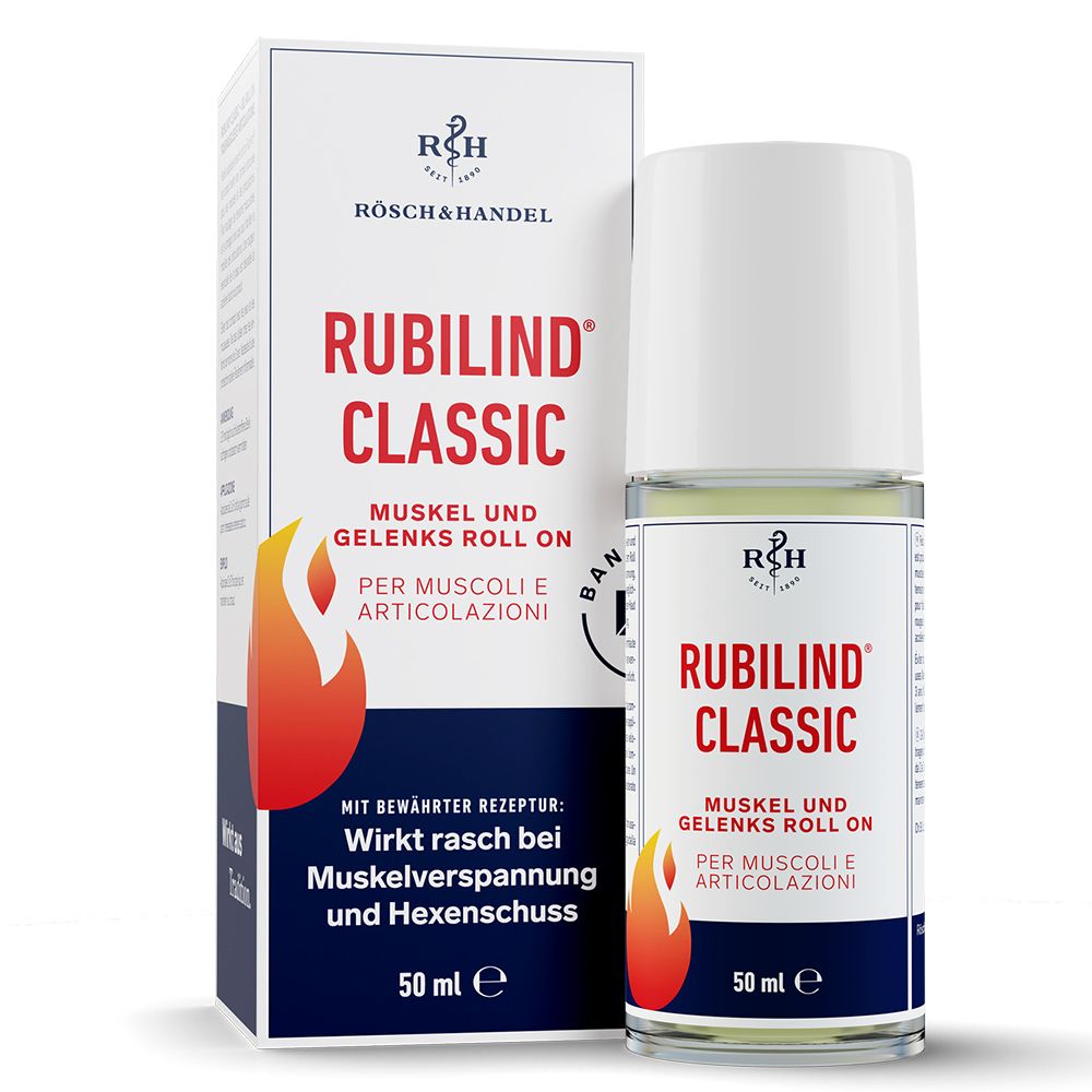 Produktverpackung und Roll-On-Flasche. Aufschrift: RUBILIND CLASSIC, Muskel und Gelenks Roll On. Enthält 50 ml.