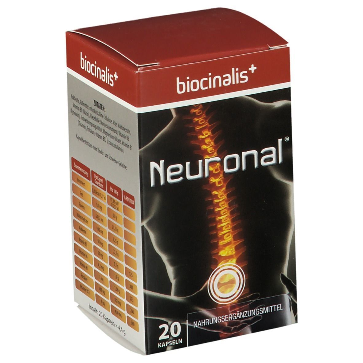 Karton mit Neuronal Kapseln. Aufdruck: Neuronal, 20 Kapseln, Nahrungsergänzungsmittel. Abbildung eines Rückens mit Wirbelsäule.