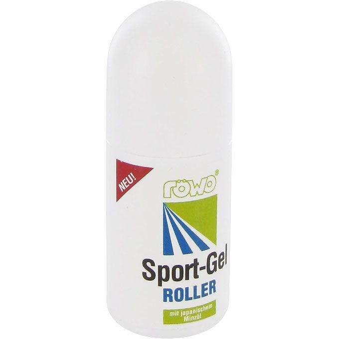 Weißer Roller mit rotem „NEU!“ Etikett. Logo und Schriftzug „Sport-Gel Roller“ mit japanischem Minzöl.