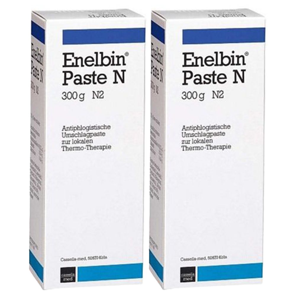 Zwei weiße Kartons mit blauer Schrift. Aufschrift: Enelbin Paste N, 300g N2. Text: Antiphlogistische Umschlagpaste zur lokalen Thermo-Therapie.
