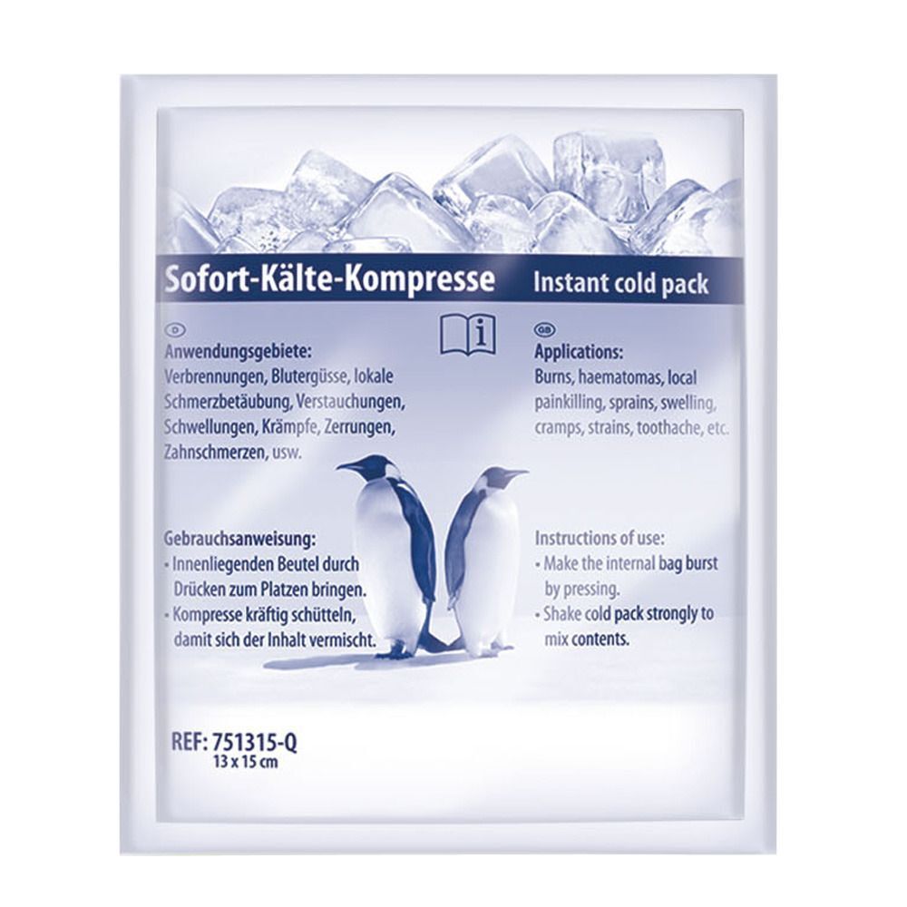 Sofort-Kälte-Kompresse. Weiße Verpackung mit Text und Pinguin-Illustration. Enthält Anwendungsgebiete und Gebrauchsanweisung. Größe: 13 x 15 cm.