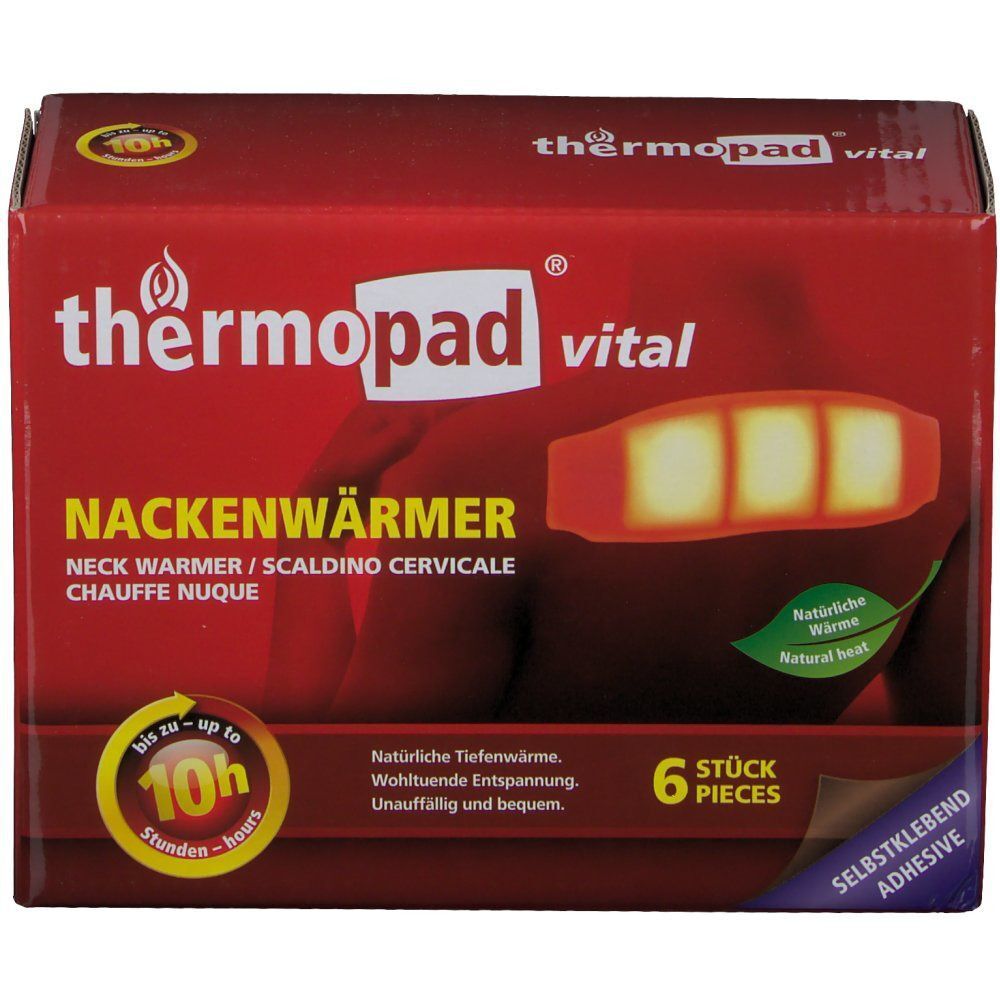 Rote Verpackung von thermopad® vital Nackenwärmer. Produktabbildung zeigt einen Nackenwärmer. Text: Nackenwärmer, 6 Stück, bis zu 10 Stunden Wärme.