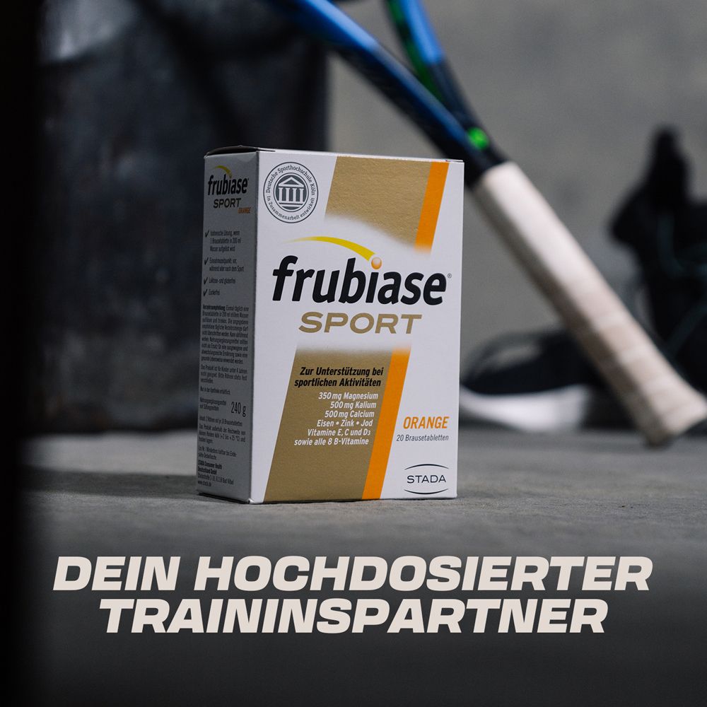 frubiase® SPORT Aktiv Packung. Text: DEIN HOCHDOSIERTER TRAININSPARTNER. Orangen-Geschmack, 20 Brausetabletten.