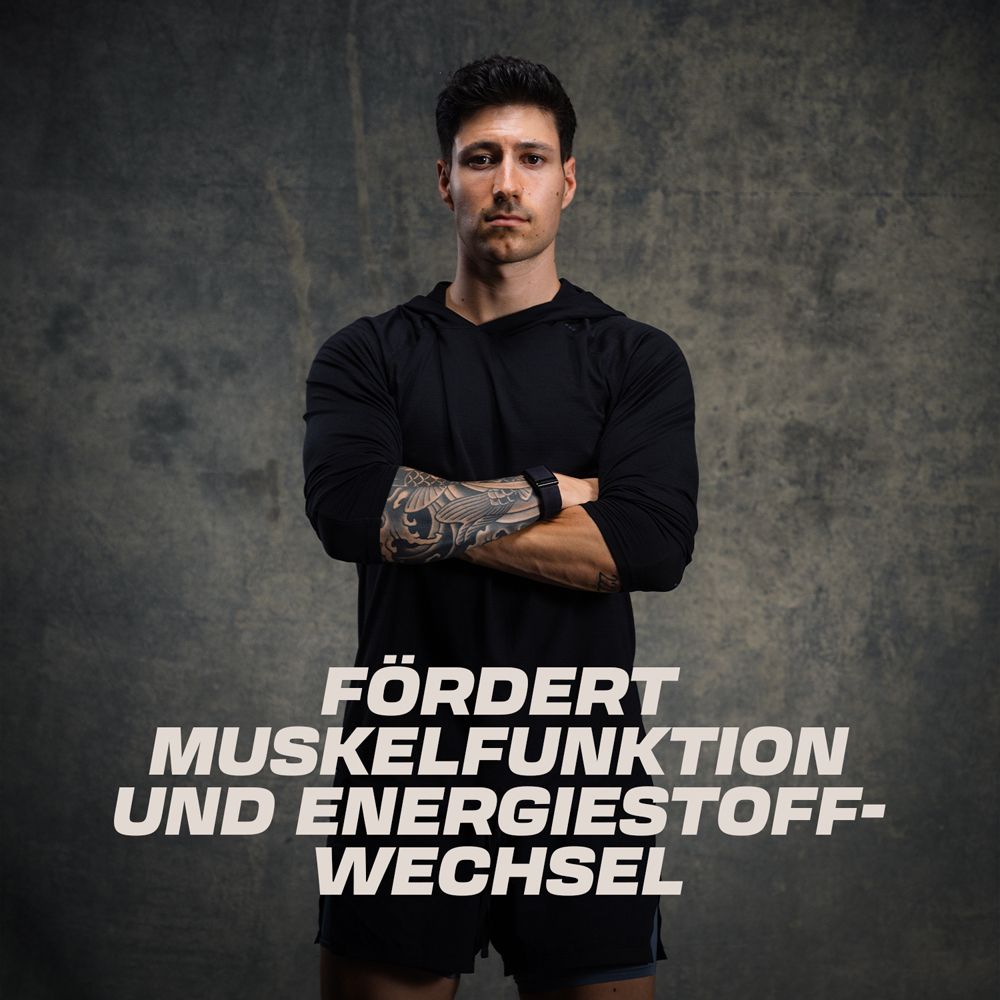 Mann. Text: FÖRDERT MUSKELFUNKTION UND ENERGIETOFFWECHSEL.