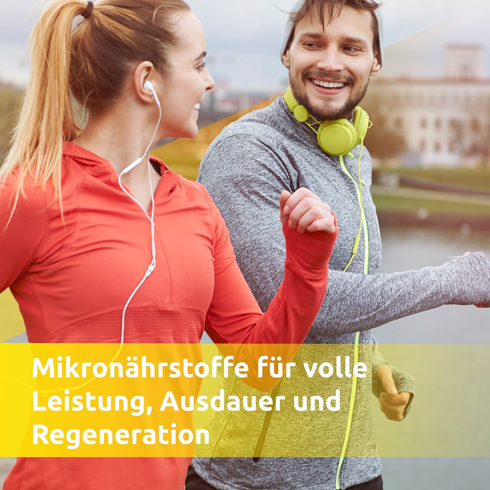 Zwei Personen joggen im Freien. Text: Mikronährstoffe für volle Leistung, Ausdauer und Regeneration.