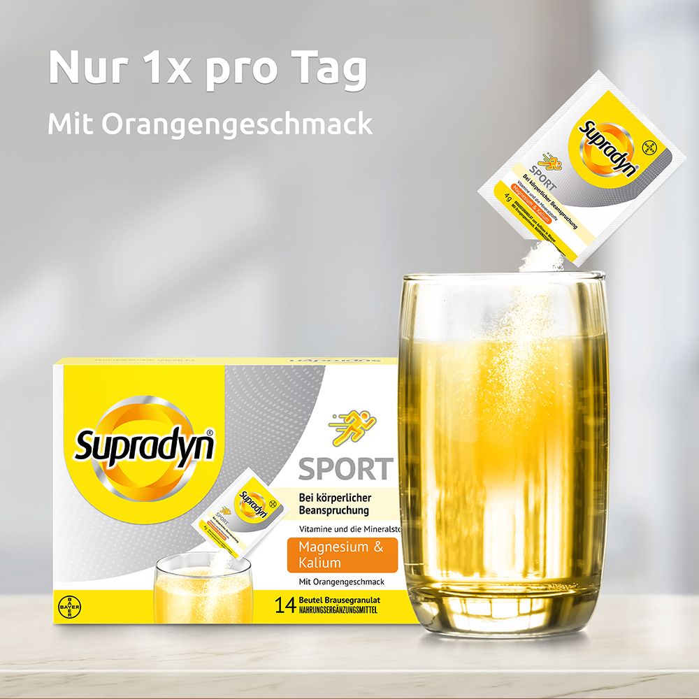 Produktverpackung und Glas mit Flüssigkeit. Einzelbeutel wird in das Glas gegossen. Text: Nur 1x pro Tag. Mit Orangengeschmack.