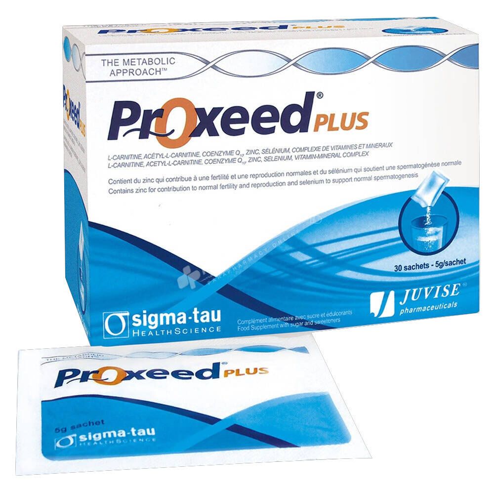 Verpackung mit Produktnamen und Logo. Einzelnes Sachet daneben. Blaue und weiße Verpackung mit Text.