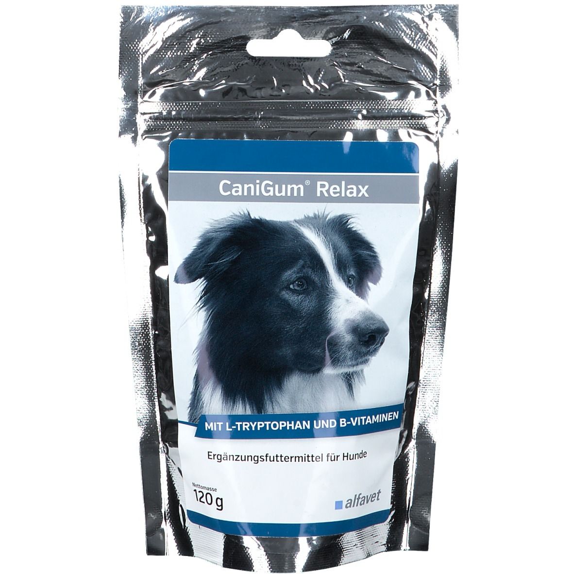 Verpackung von CaniGum Relax. Auf der Verpackung ist ein Hund abgebildet. Text: MIT L-TRYPTOPHAN UND B-VITAMINEN. Ergänzungsfuttermittel für Hunde. 120 g.