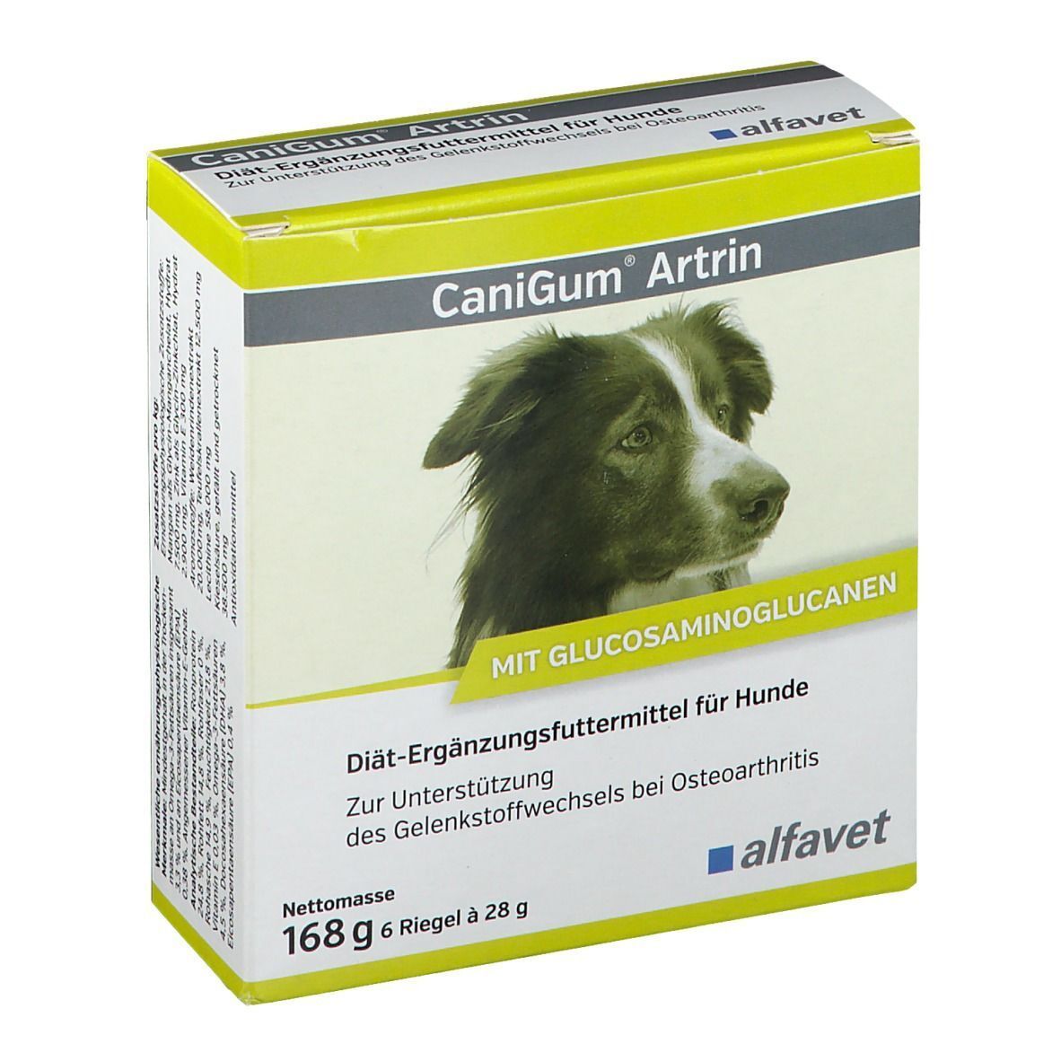 Karton mit Produktname CaniGum Artrin, Hundeabbildung, Text: Diät-Ergänzungsfuttermittel, alfavet Logo. Nettomasse 168g, 6 Riegel.