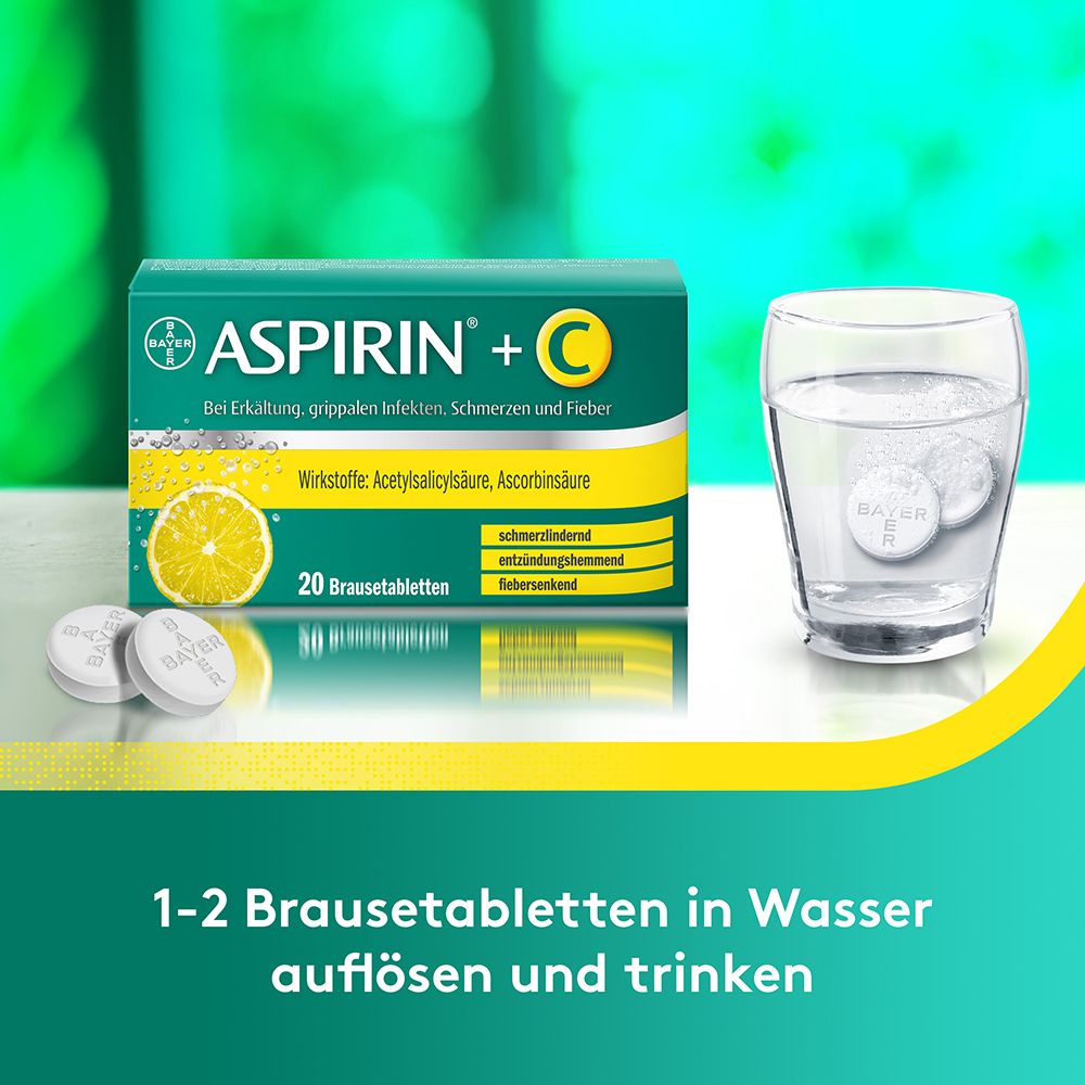 Aspirin® + C Brausetabletten in einer Schachtel und in einem Glas Wasser. Text: 1-2 Brausetabletten in Wasser auflösen und trinken.