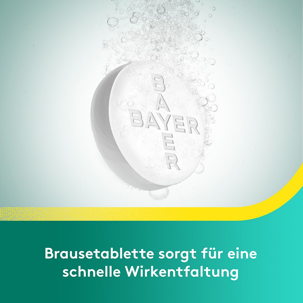 Eine Brausetablette löst sich in Wasser auf. Text: Brausetablette sorgt für eine schnelle Wirkentfaltung.