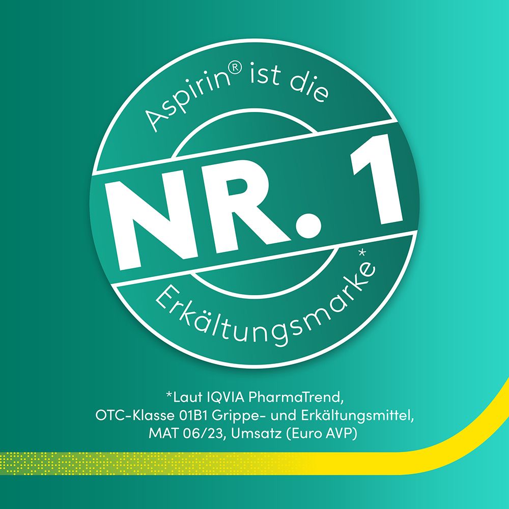 Rundes Logo mit Text: Aspirin® ist die Nr. 1 Erkältungsmarke. Text: *Laut IQVIA PharmaTrend, OTC-Klasse 01B1 Grippe- und Erkältungsmittel, MAT 06/23, Umsatz (Euro AVP).