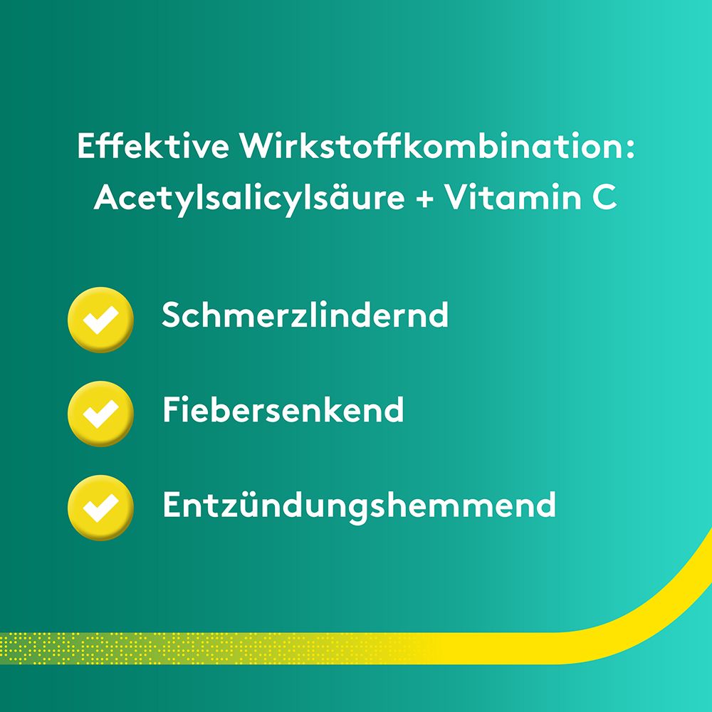 Text: Effektive Wirkstoffkombination: Acetylsalicylsäure + Vitamin C. Text: Schmerzlindernd, Fiebersenkend, Entzündungshemmend.