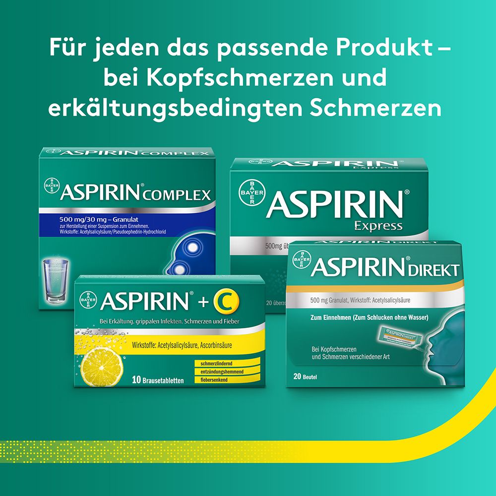 Verschiedene Aspirin-Produkte. Text: Für jeden das passende Produkt - bei Kopfschmerzen und erkältungsbedingten Schmerzen.