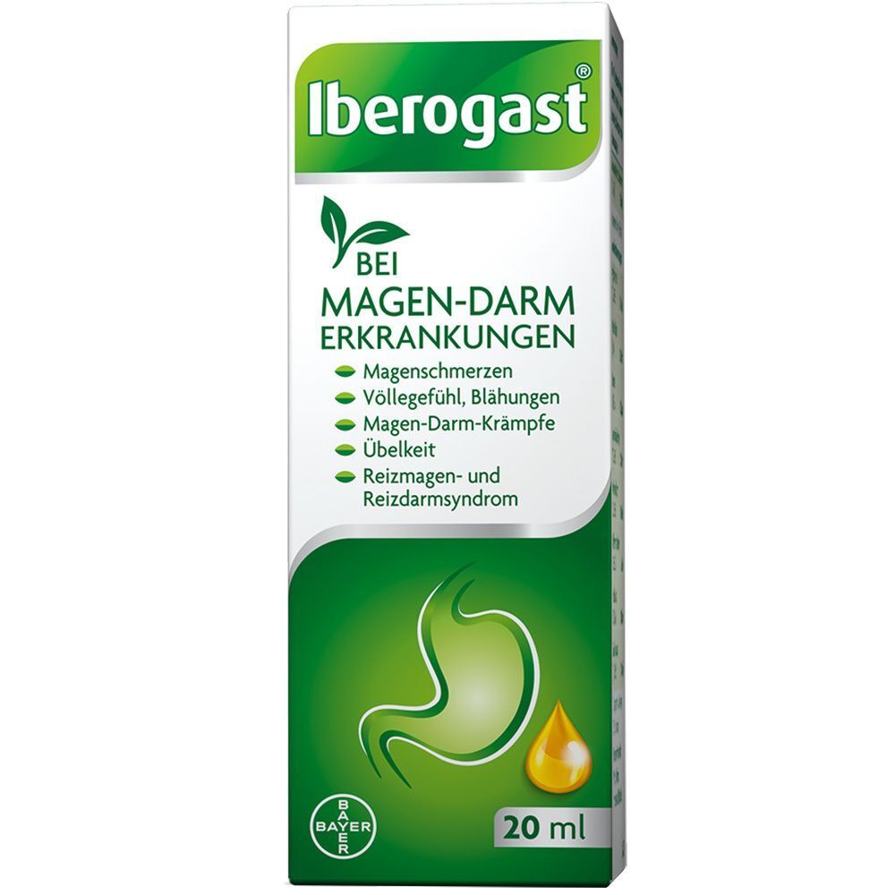 Verpackung von Iberogast®. Weiß-grüne Schachtel mit Produktnamen und Auflistung von Symptomen. Unten rechts: 20 ml.