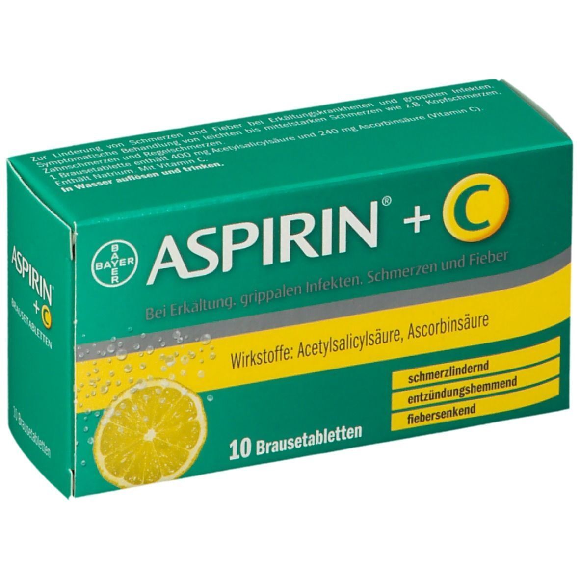 Grüne Schachtel mit "Aspirin + C". Enthält 10 Brausetabletten. Aufschrift: Bei Erkältung, grippalen Infekten, Schmerzen und Fieber.