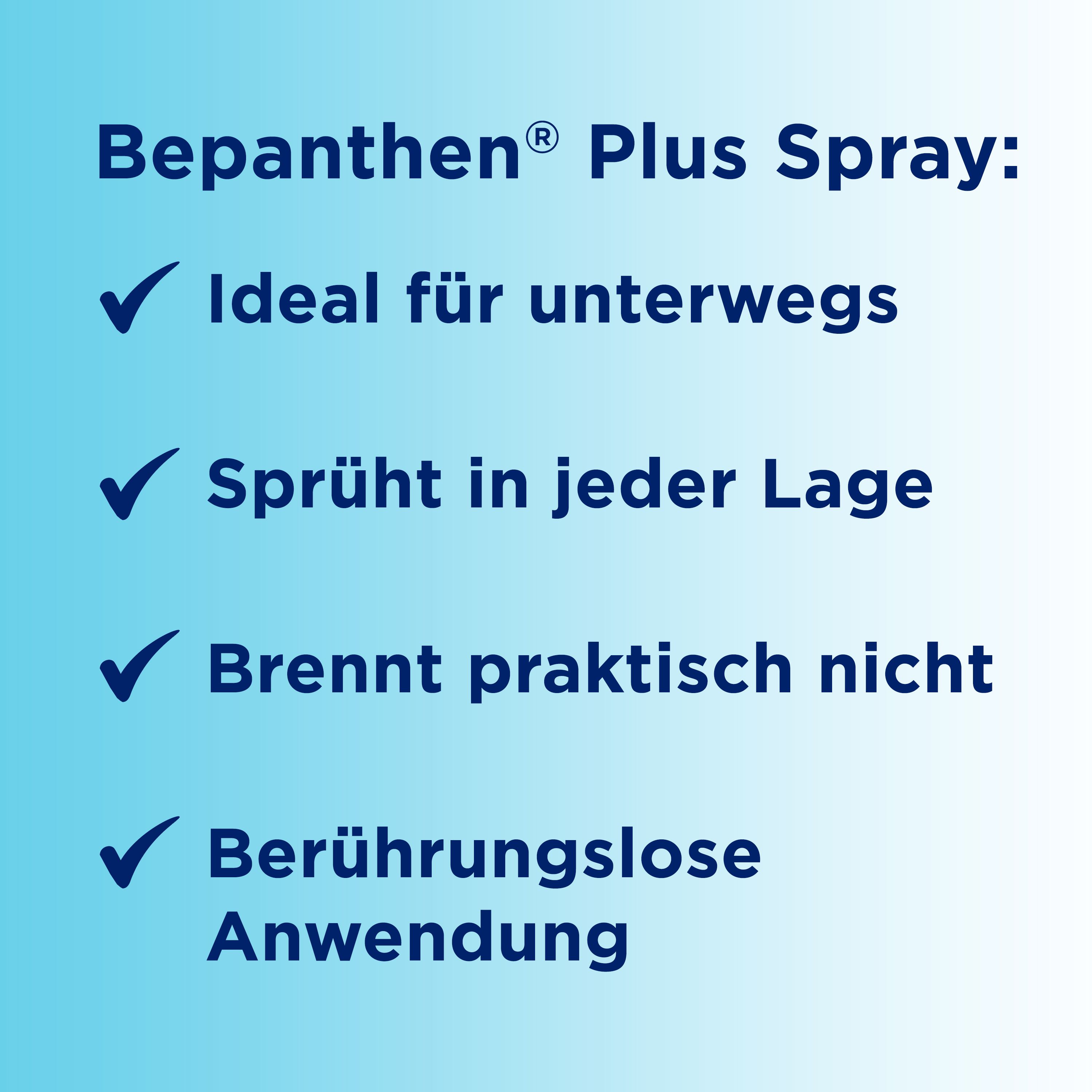 Text mit Vorteilen von Bepanthen® Plus Spray: ideal für unterwegs, sprüht in jeder Lage, brennt nicht, berührungslose Anwendung.
