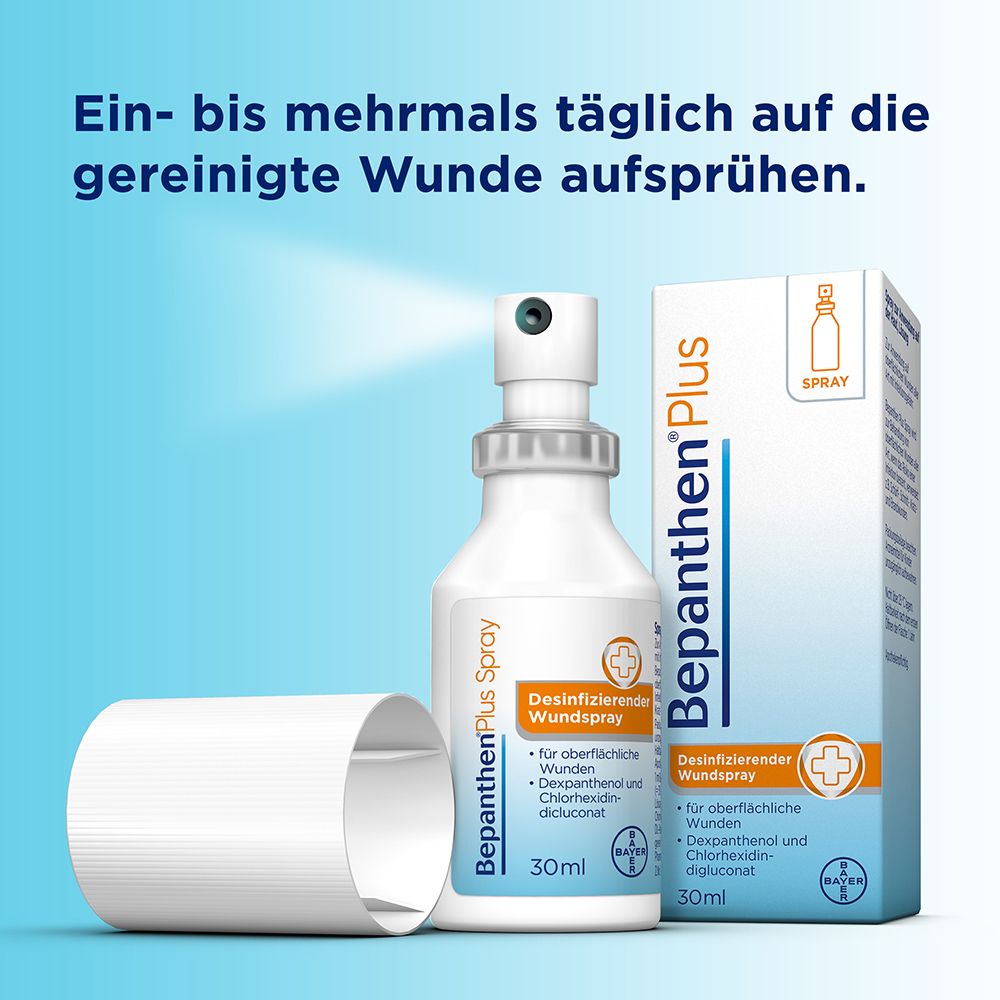 Bepanthen® Plus Spray und Verpackung. Sprayflasche mit Sprühkopf und Box. Text: Desinfizierender Wundspray.