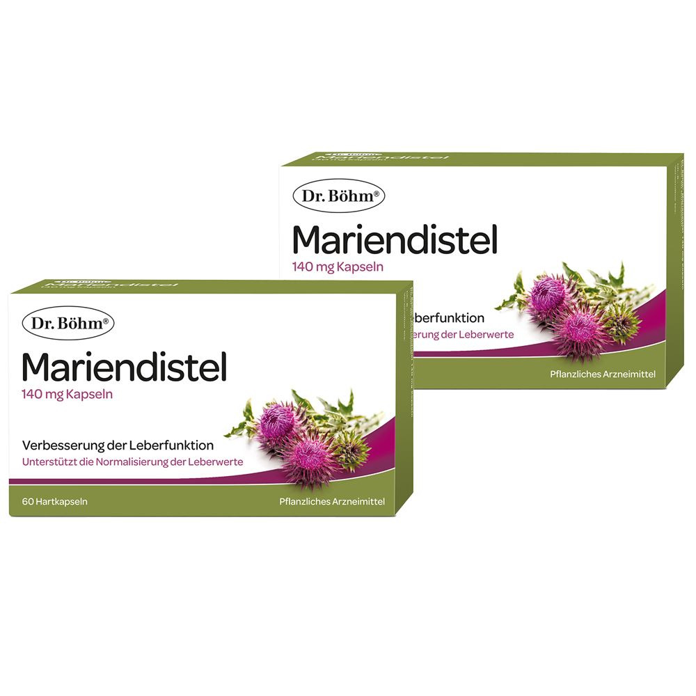 Zwei Schachteln Dr. Böhm Mariendistel 140 mg Kapseln. Aufschrift: Mariendistel, 140 mg Kapseln, 60 Hartkapseln. Pflanzliches Arzneimittel.