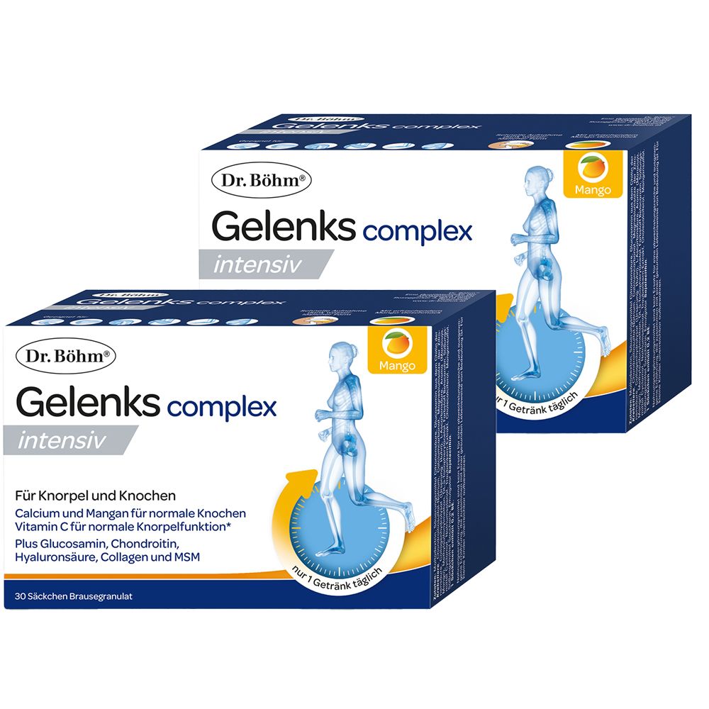 Zwei Packungen Dr. Böhm Gelenks complex intensiv. Aufdruck: Mango, Frau beim Joggen, 30 Brausegranulat.