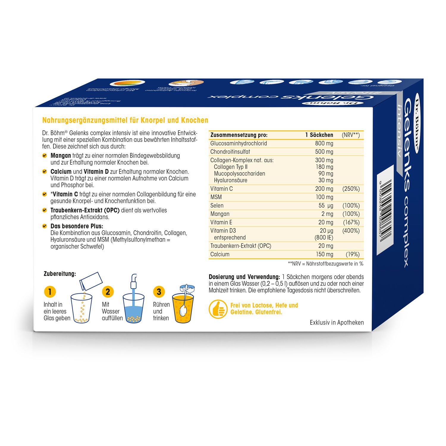 Rückseite der Dr. Böhm Gelenks complex intensiv Packung. Auflistung der Inhaltsstoffe und Dosierung pro Portion.