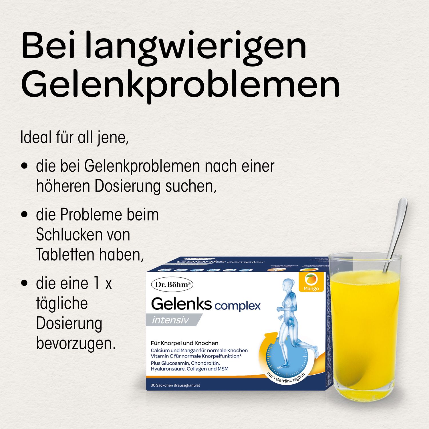 Glas mit gelbem Getränk, Packung Dr. Böhm Gelenks complex intensiv. Text: Bei langwierigen Gelenkproblemen.