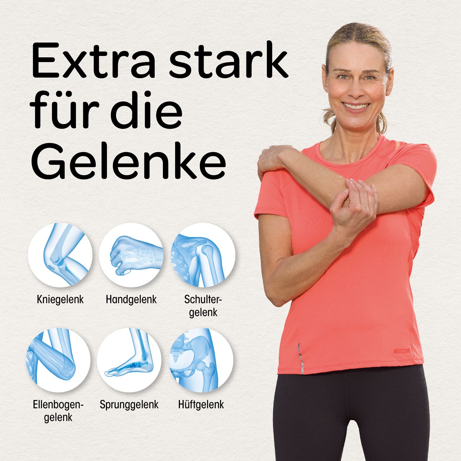 Frau mit Armhaltung, Illustrationen von Gelenken: Knie, Hand, Schulter, Ellenbogen, Sprunggelenk, Hüfte.