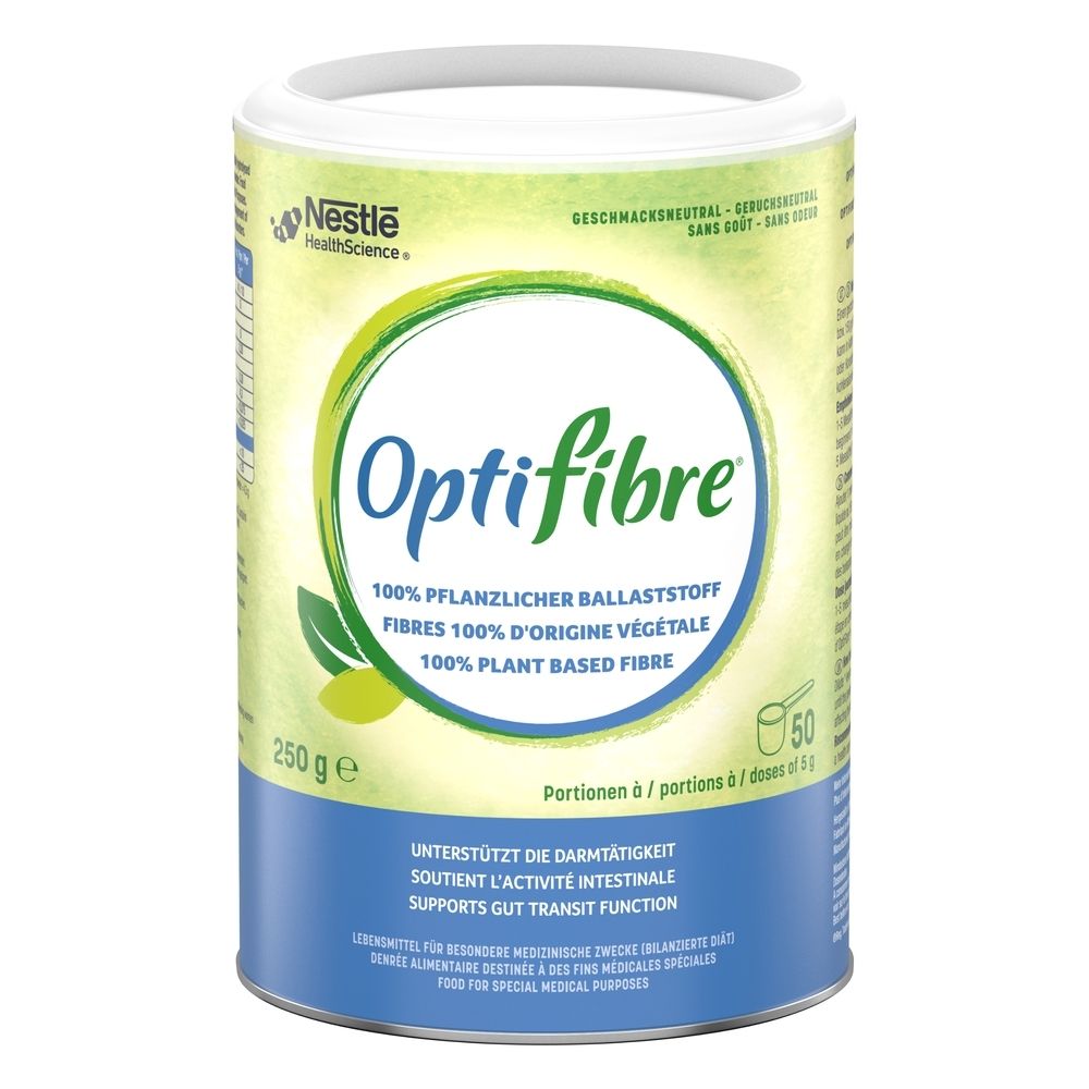 Dose mit OptiFibre-Pulver. Aufschrift: 100% pflanzlicher Ballaststoff. 250 g. 50 Portionen. Nestle Health Science Logo.