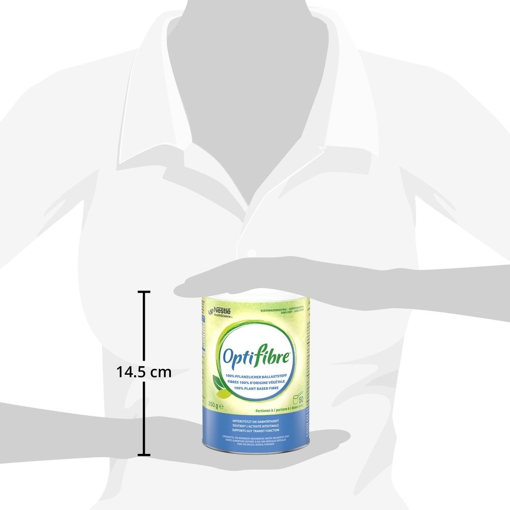 Person hält eine OptiFibre-Dose. Die Dose ist ca. 14,5 cm hoch. Aufschrift: OptiFibre.