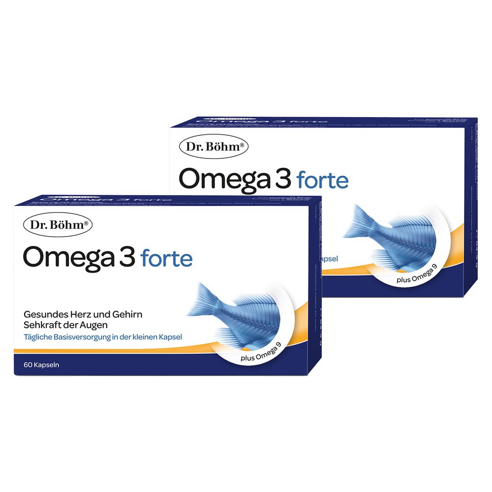 Zwei Schachteln Dr. Böhm Omega 3 forte. Blaue Verpackung mit Fisch-Illustration und Produktnamen.