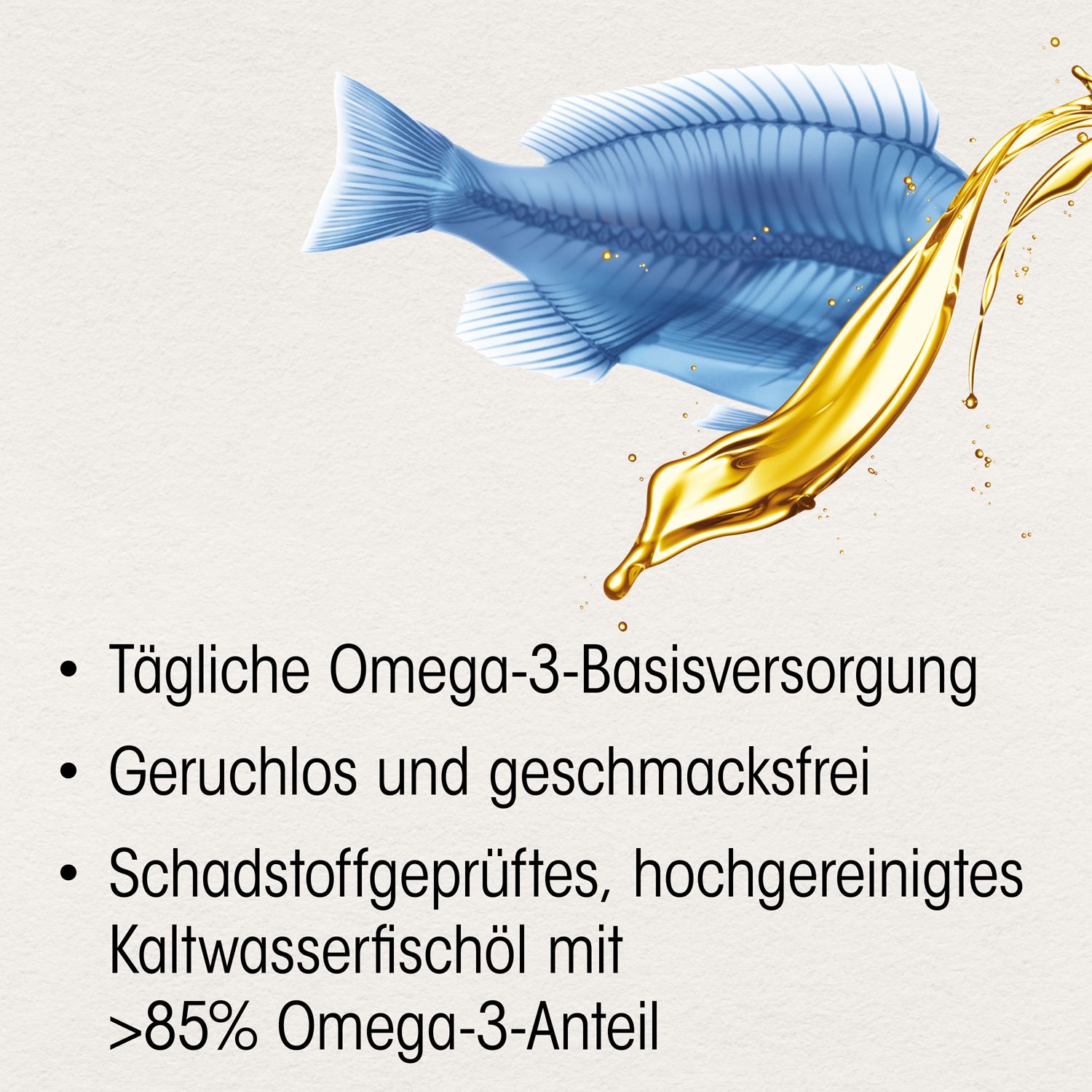 Fisch-Illustration mit gelbem Öl. Text: Tägliche Omega-3-Basisversorgung, geruchlos, schadstoffgeprüftes Fischöl.