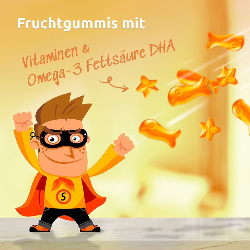 Cartoon-Figur mit Superhelden-Kostüm. Text: Fruchtgummis mit Vitaminen & Omega-3 Fettsäure DHA. Fischförmige Gummis.