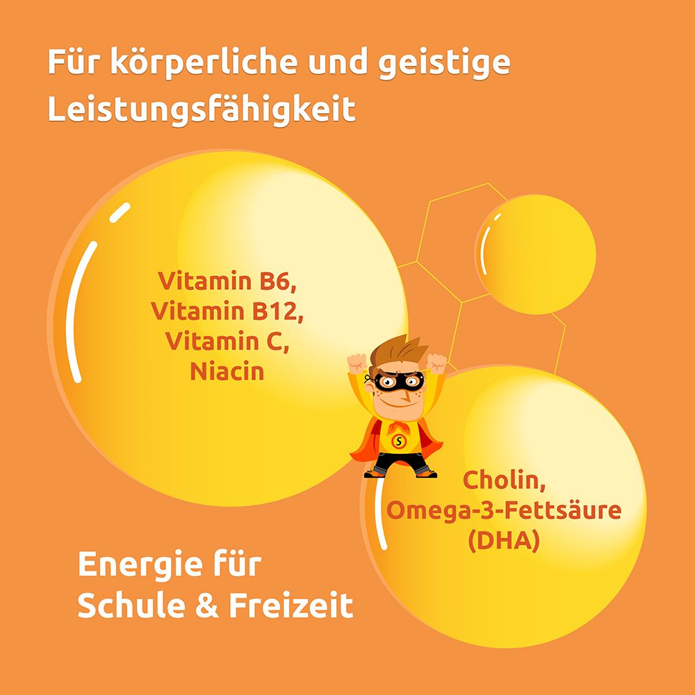 Zwei gelbe Kreise mit Text: Vitamin B6, B12, C, Niacin und Cholin, Omega-3-Fettsäure (DHA). Text: Energie für Schule & Freizeit.
