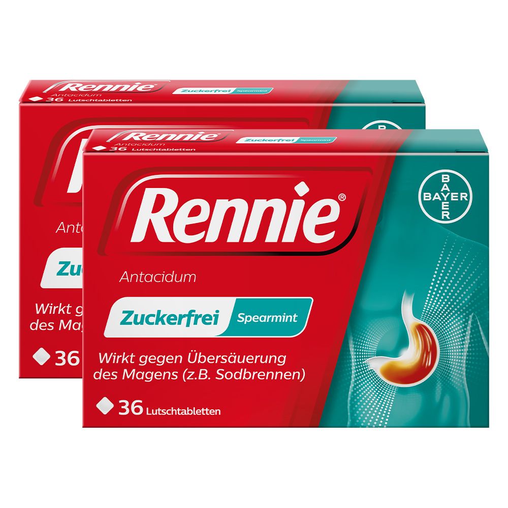 Zwei Packungen Rennie® Spearmint Lutschtabletten. Rote Schachteln mit weißer Schrift und grünen Akzenten. Bayer-Logo.