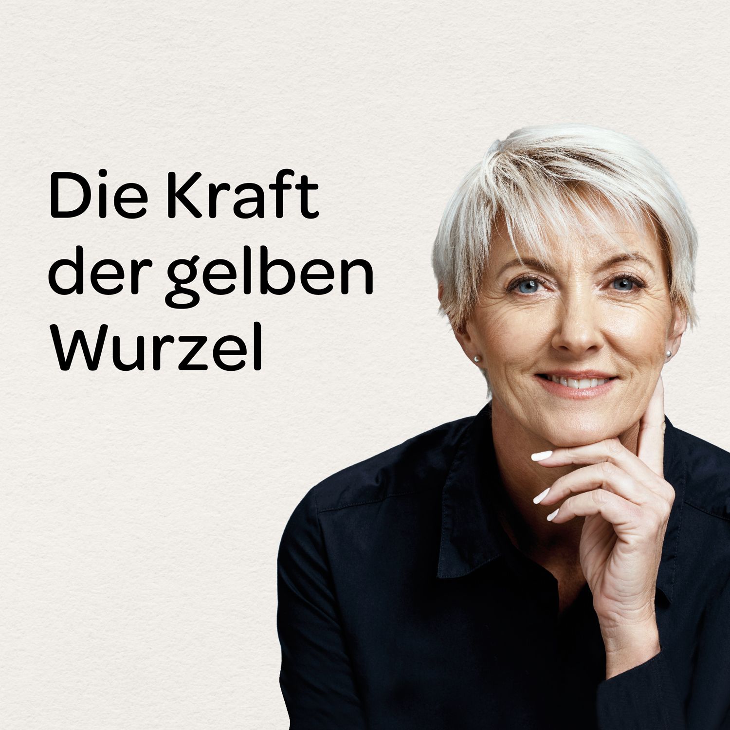 Porträt einer Frau mit blonden Haaren. Text: Die Kraft der gelben Wurzel.