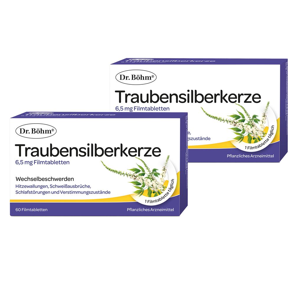 Zwei Packungen Dr. Böhm Traubensilberkerze 6,5 mg Filmtabletten. Weiße Schachteln mit lila Akzenten und Produktinformationen.