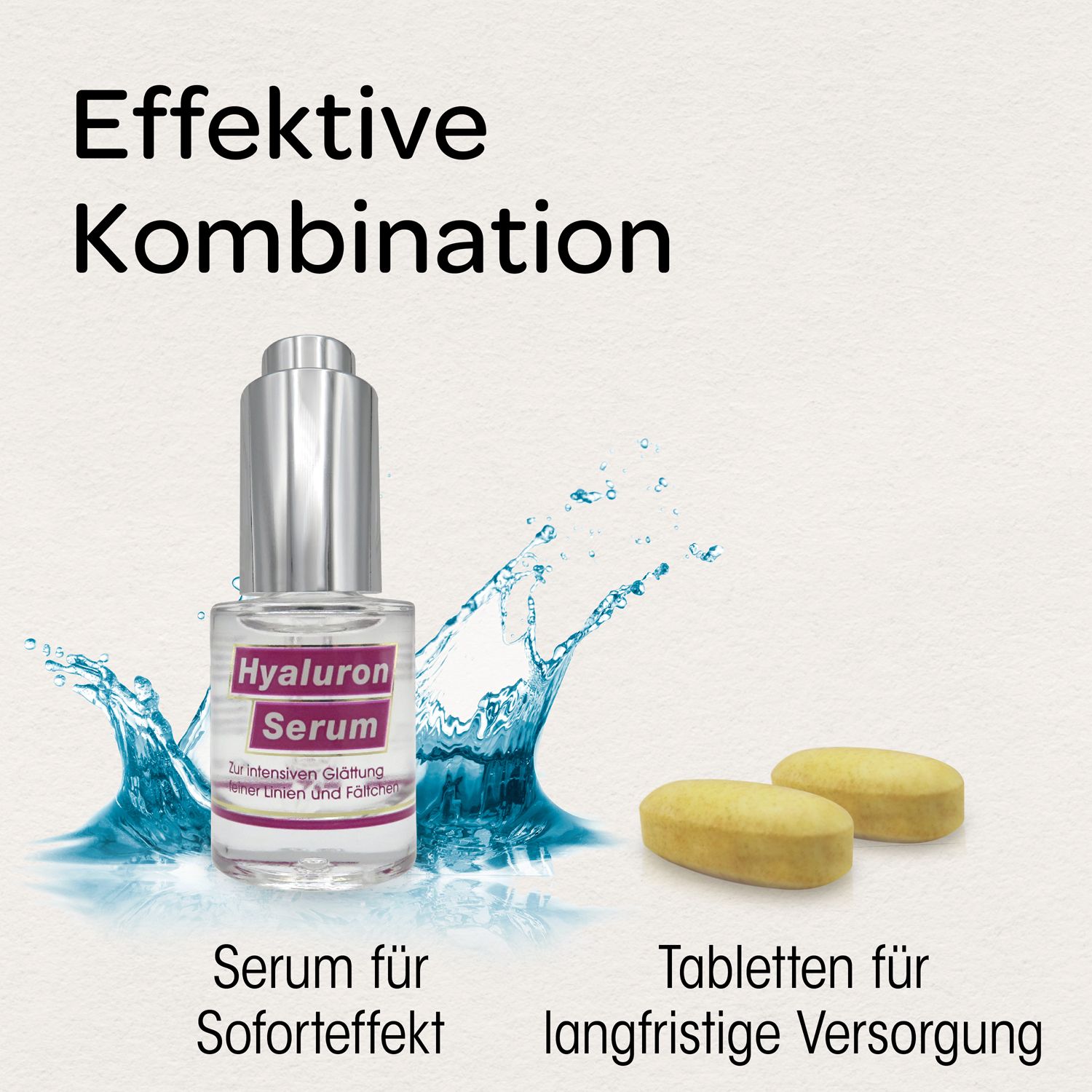 Hyaluron Serum Flasche und Tabletten. Serum mit silberner Kappe, Tabletten gelb. Text: Effektive Kombination, Serum für Soforteffekt, Tabletten für langfristige Versorgung.