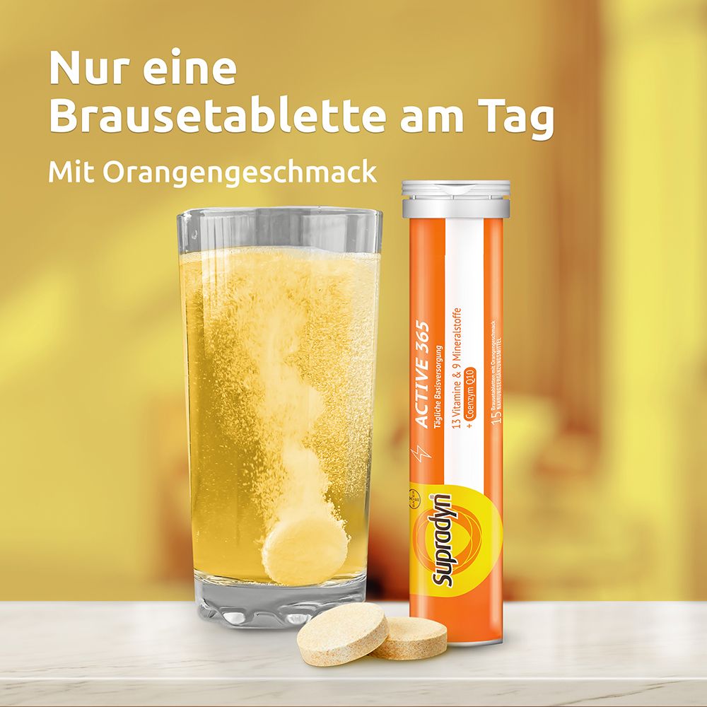 Glas mit Brausetablette und Brausetabletten-Röhrchen. Text: Nur eine Brausetablette am Tag. Mit Orangengeschmack.