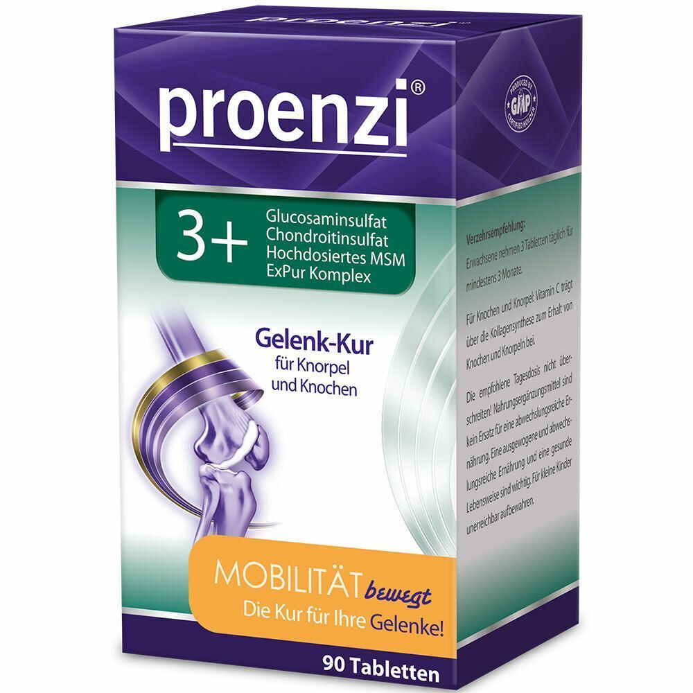 Proenzi 3+ Gelenk-Kur Tabletten-Packung. Enthält Glucosaminsulfat, Chondroitinsulfat, MSM und ExPur Komplex. 90 Tabletten.