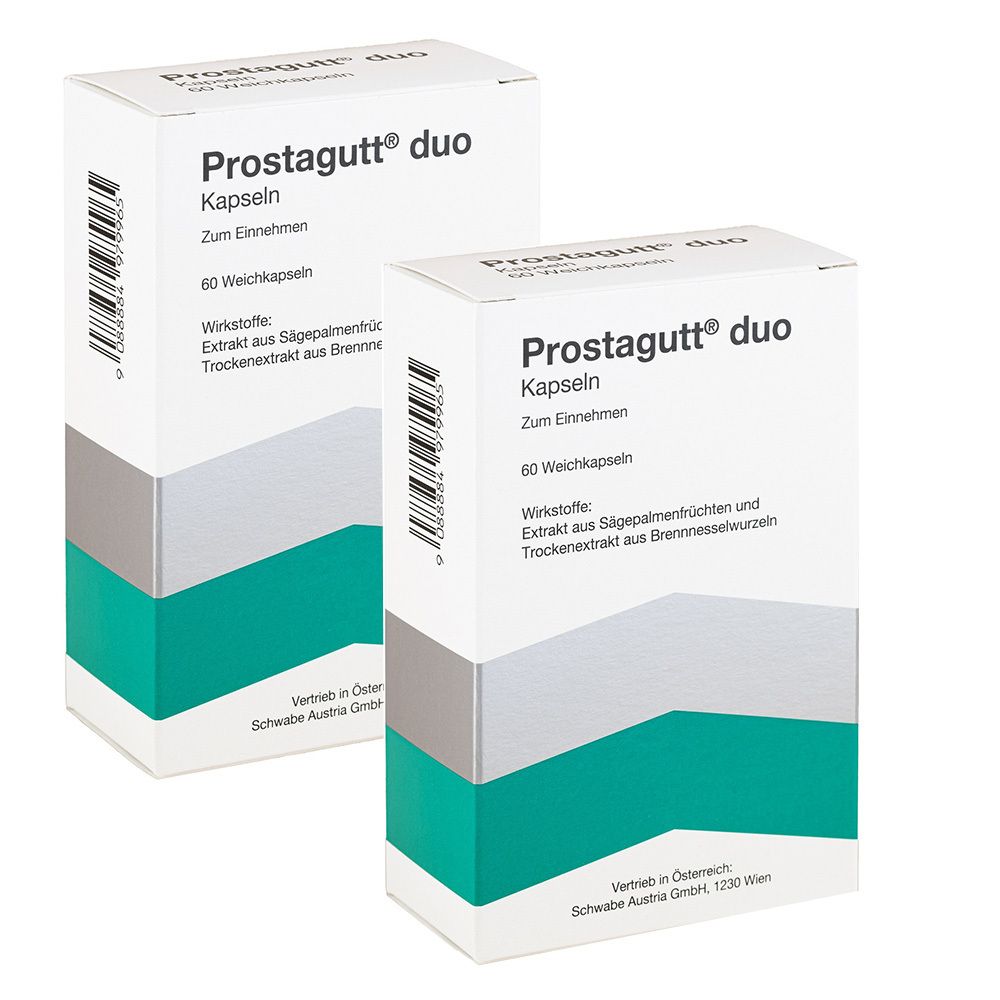Zwei weiße Kartons mit der Aufschrift Prostagutt® duo. Aufdruck: Kapseln, 60 Weichkapseln, Wirkstoffe. Grün-graue Streifen.