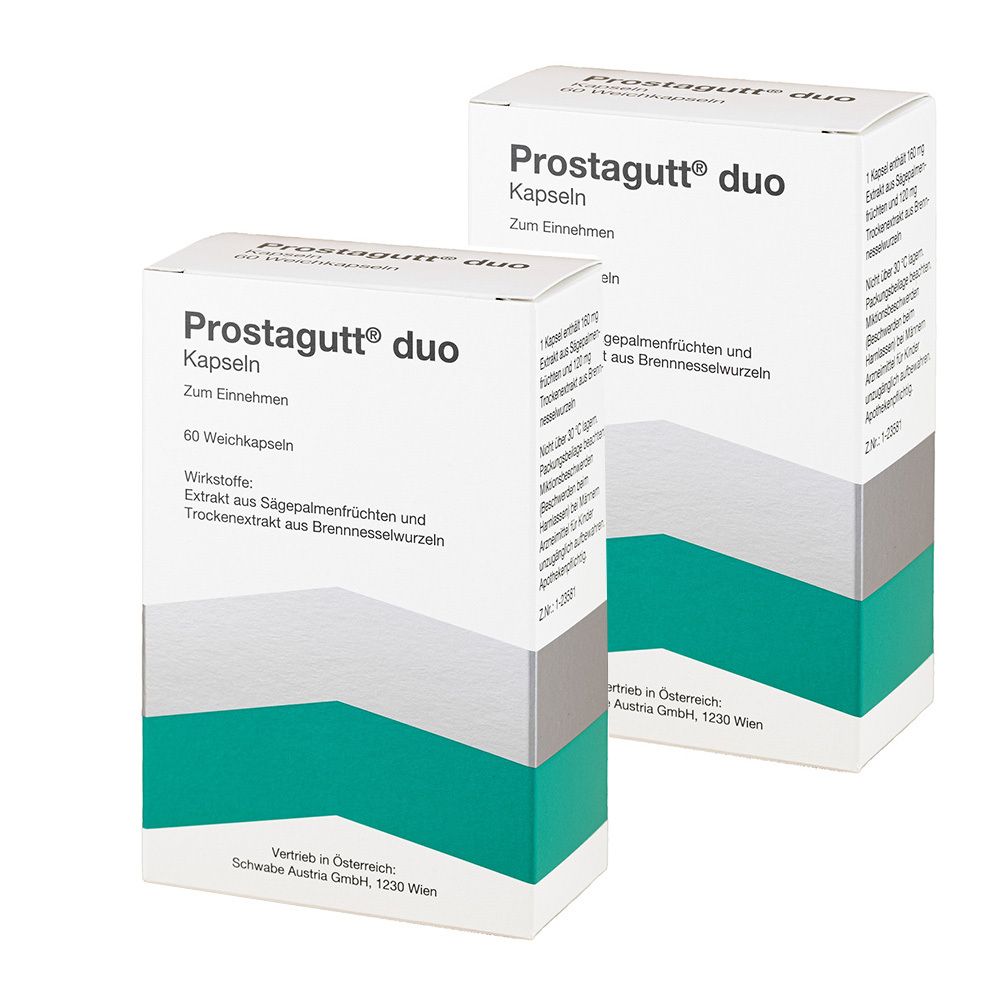 Zwei weiße Kartons Prostagutt® duo. Aufdruck: Kapseln, 60 Weichkapseln, Wirkstoffe. Grün-graue Streifen. Detailansicht der Inhaltsstoffe.